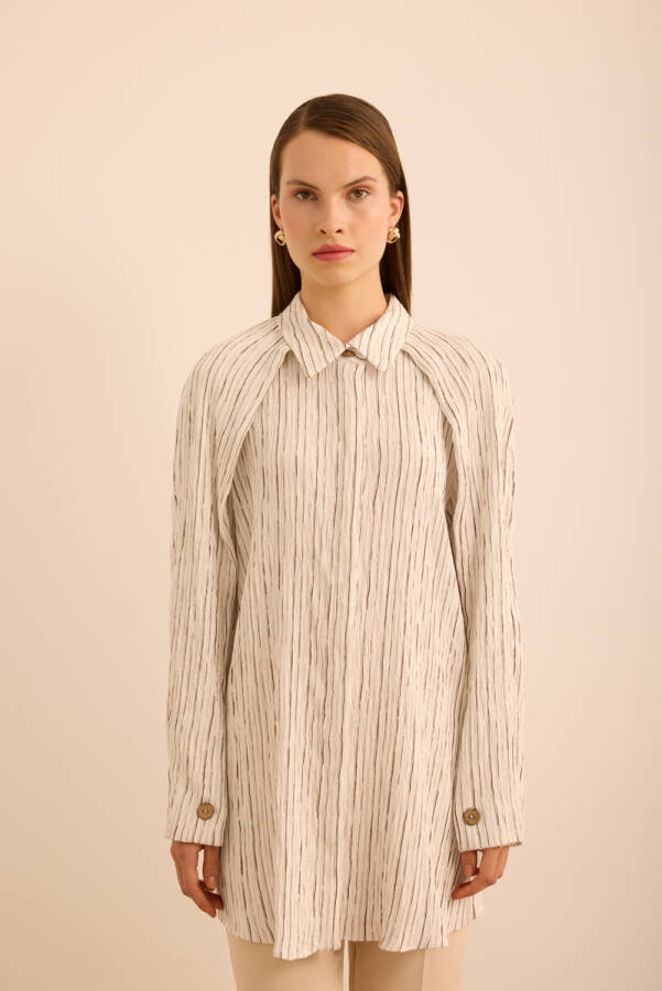 Ekru Çizgili Kolları Pelerin Parça Detaylı Viscon Tunik - Aker