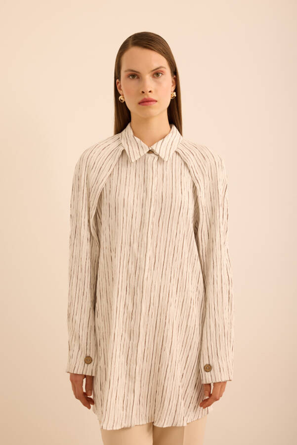Ekru Çizgili Kolları Pelerin Parça Detaylı Viscon Tunik - Aker (1)