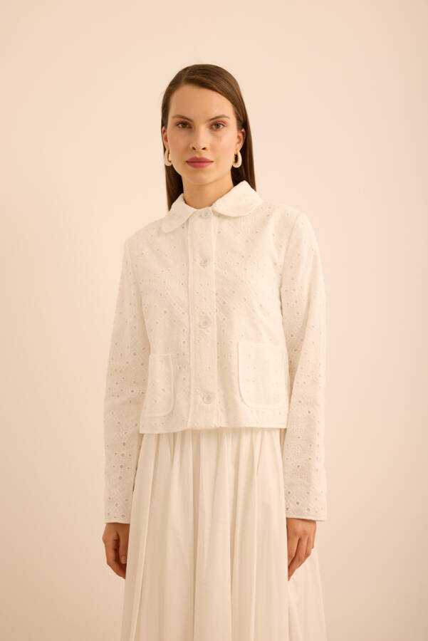Ekru Cotton Brode Kısa Ceket - 2