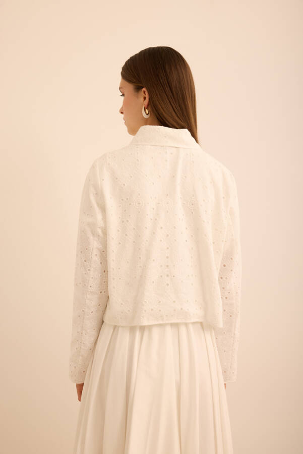 Ekru Cotton Brode Kısa Ceket - 7