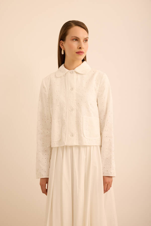 Ekru Cotton Brode Kısa Ceket - 5