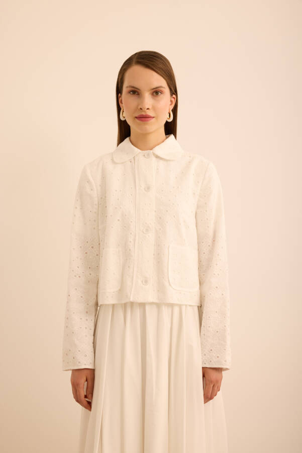 Ekru Cotton Brode Kısa Ceket - Aker