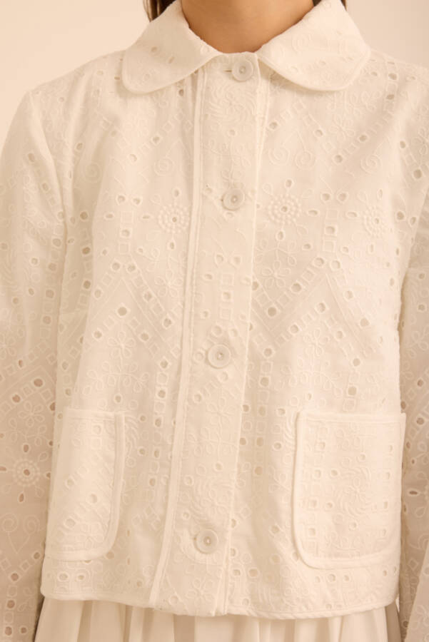Ekru Cotton Brode Kısa Ceket - 6