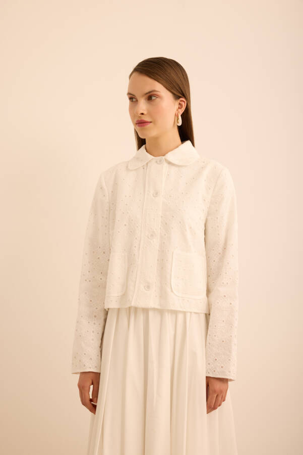 Ekru Cotton Brode Kısa Ceket - 4