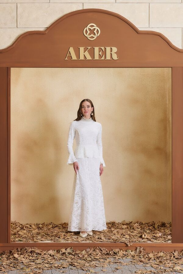 Ekru Dantel Peplumlu Elbise - 3