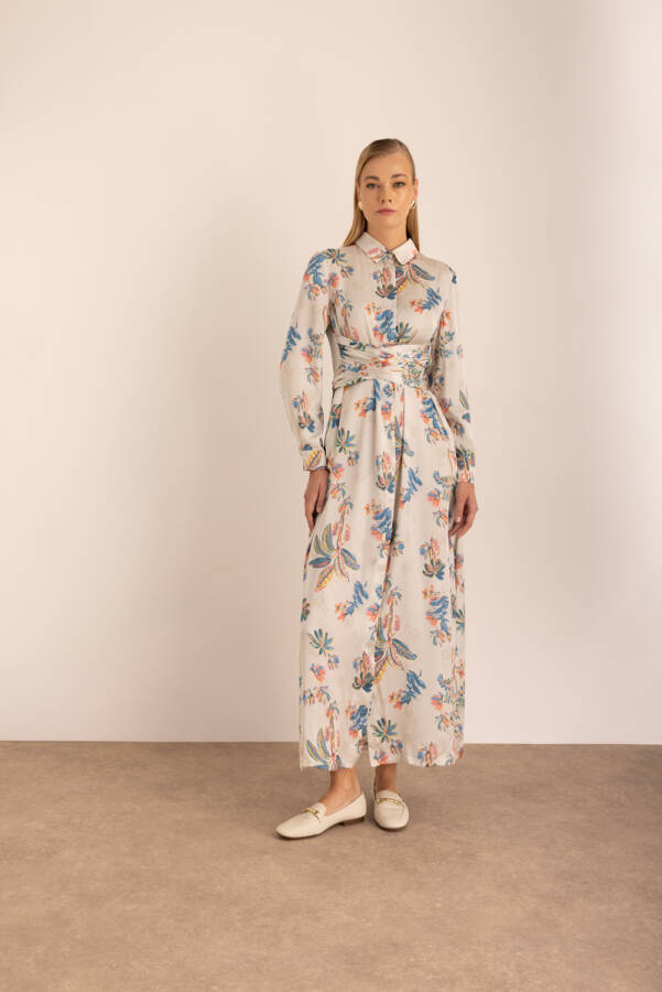 Ekru Desenli Bağlama Detaylı Gömlek Elbise - Aker (1)