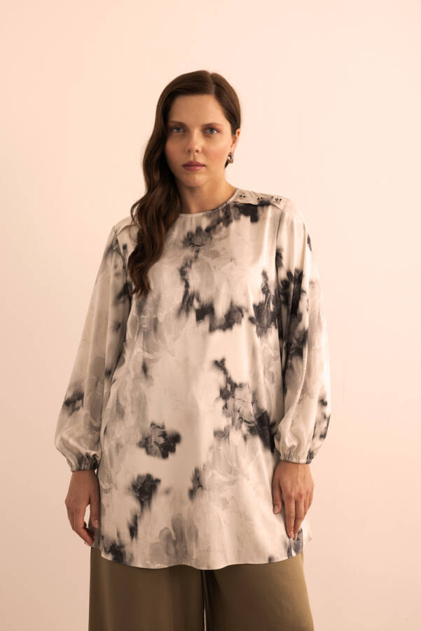 Ekru Desenli Bluz - 1