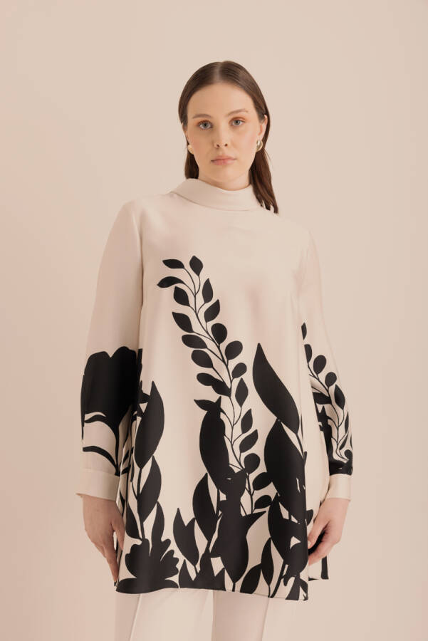 Ekru Desenli Dik Yakalı Tunik - 1