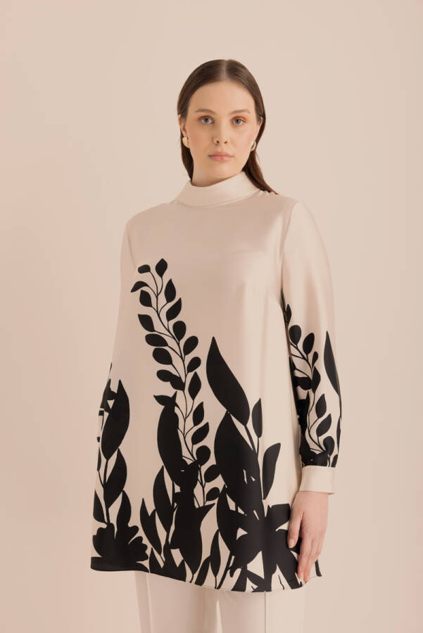 Ekru Desenli Dik Yakalı Tunik - 4