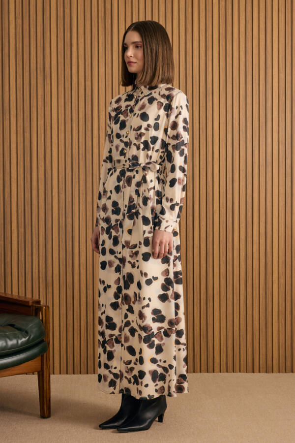 Ekru Desenli Elbise - 4