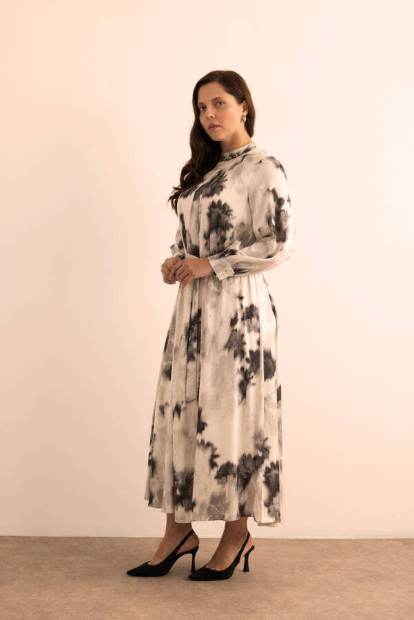 Ekru Desenli Elbise - 4