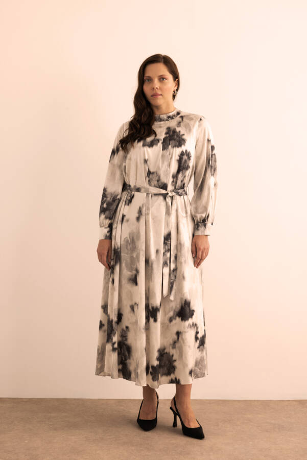 Ekru Desenli Elbise - Aker