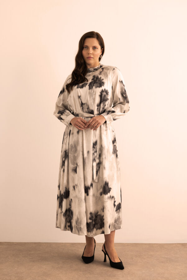Ekru Desenli Elbise - 3