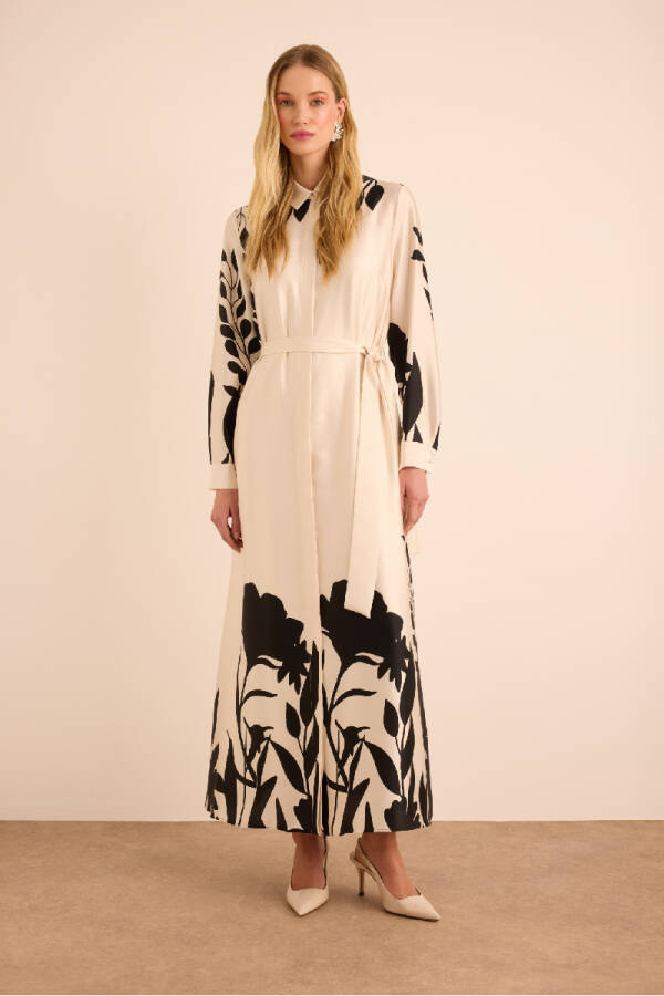 Ekru Desenli Gömlek Elbise - Aker