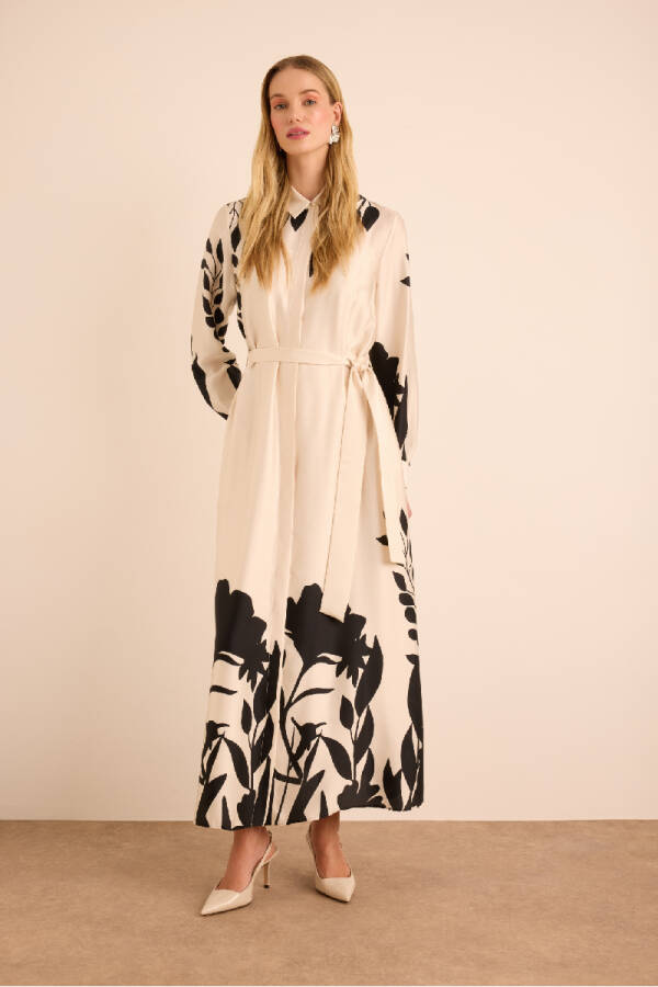 Ekru Desenli Gömlek Elbise - 3