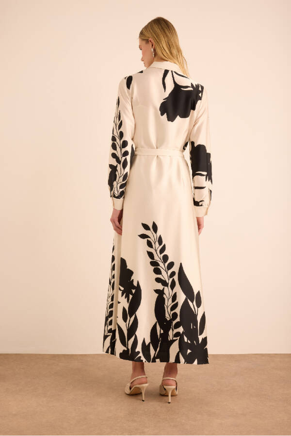 Ekru Desenli Gömlek Elbise - 7