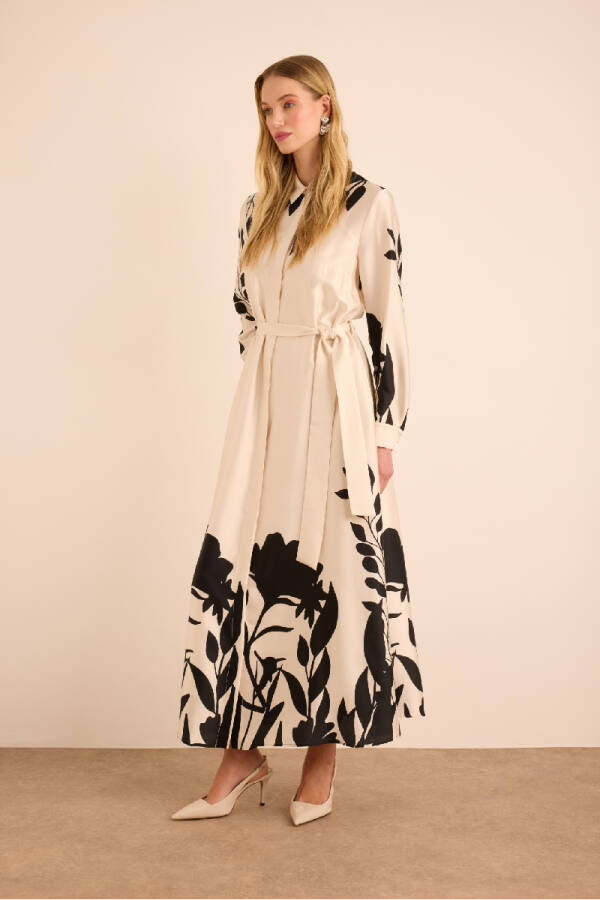 Ekru Desenli Gömlek Elbise - 2