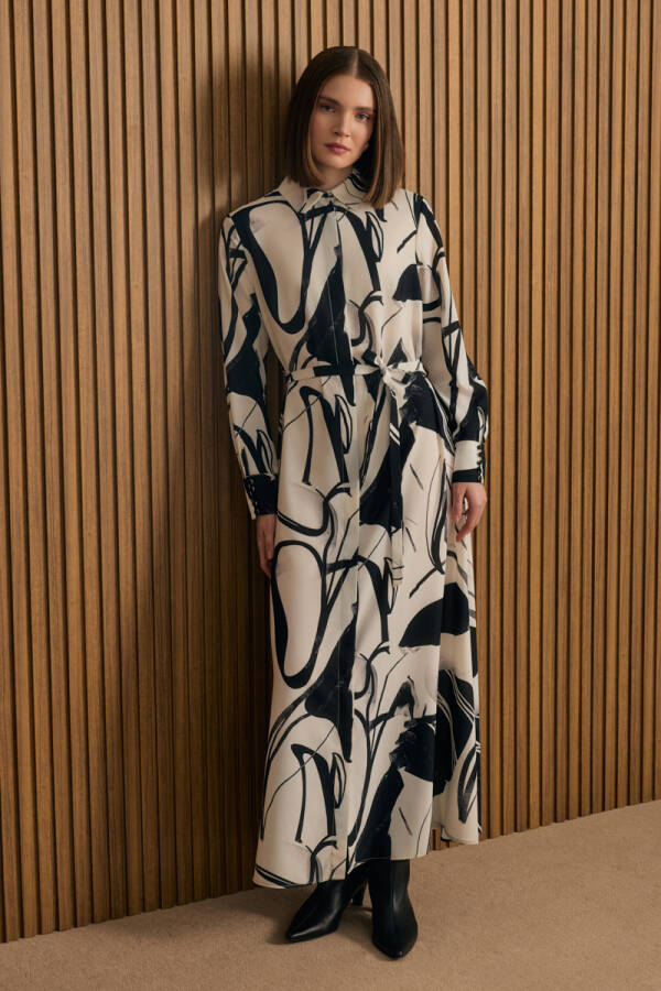 Ekru Desenli Gömlek Elbise - 1