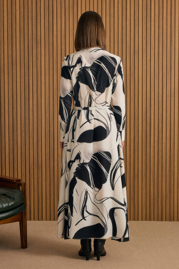 Ekru Desenli Gömlek Elbise - 6