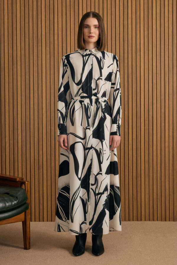 Ekru Desenli Gömlek Elbise - 3