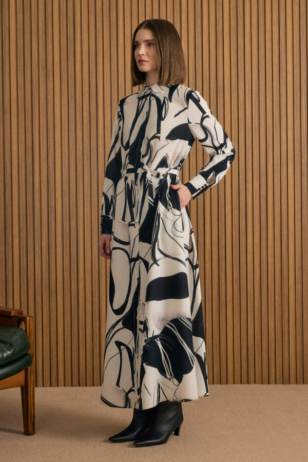 Ekru Desenli Gömlek Elbise - 4