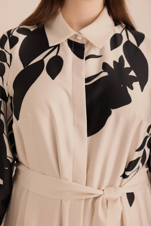 Ekru Desenli Gömlek Elbise - 3