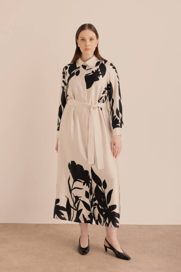 Ekru Desenli Gömlek Elbise - Aker