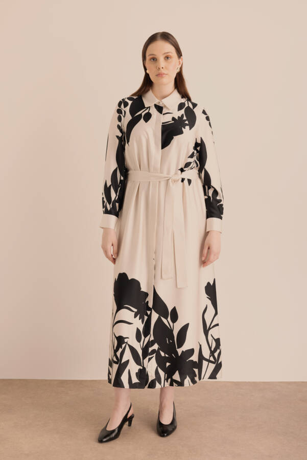 Ekru Desenli Gömlek Elbise - 5