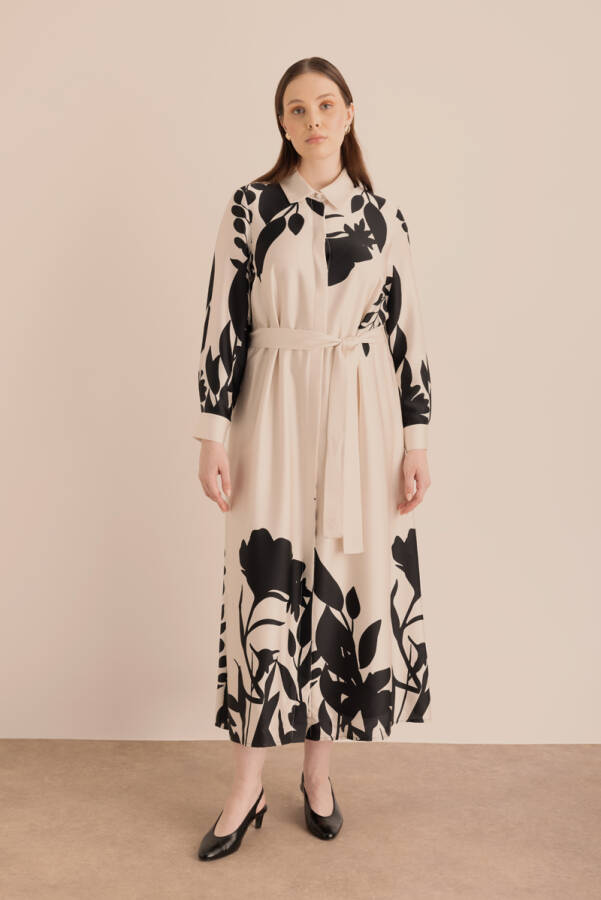 Ekru Desenli Gömlek Elbise - 6