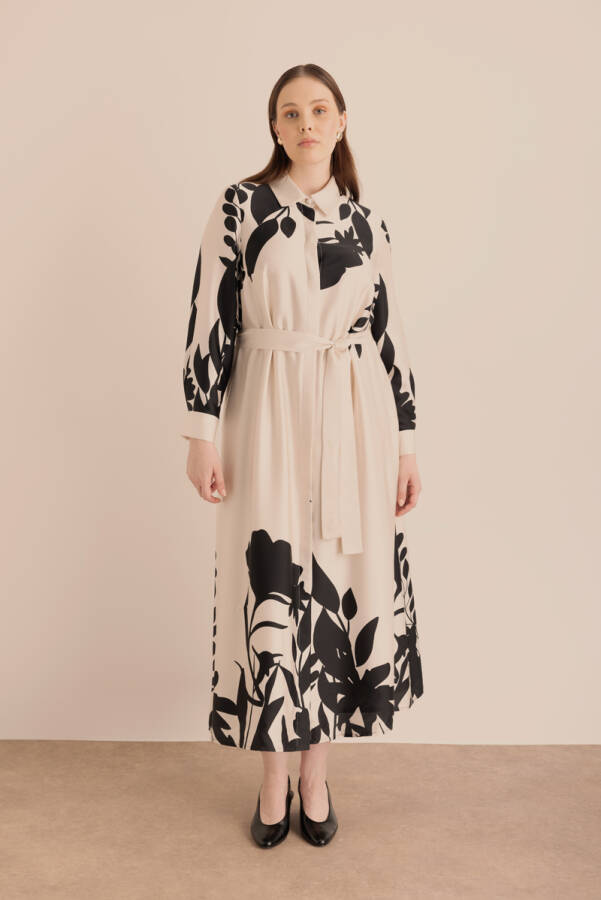 Ekru Desenli Gömlek Elbise - Aker (1)