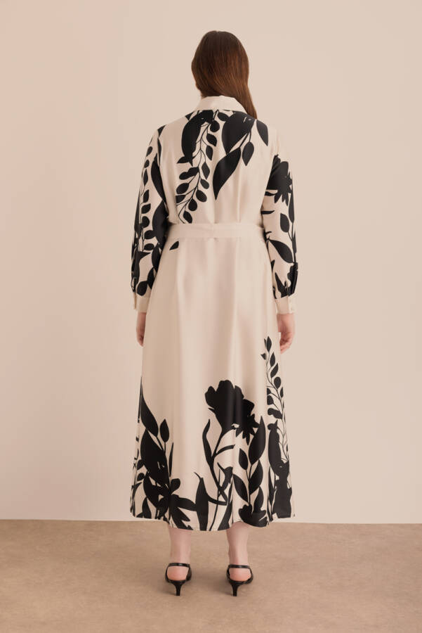 Ekru Desenli Gömlek Elbise - 7