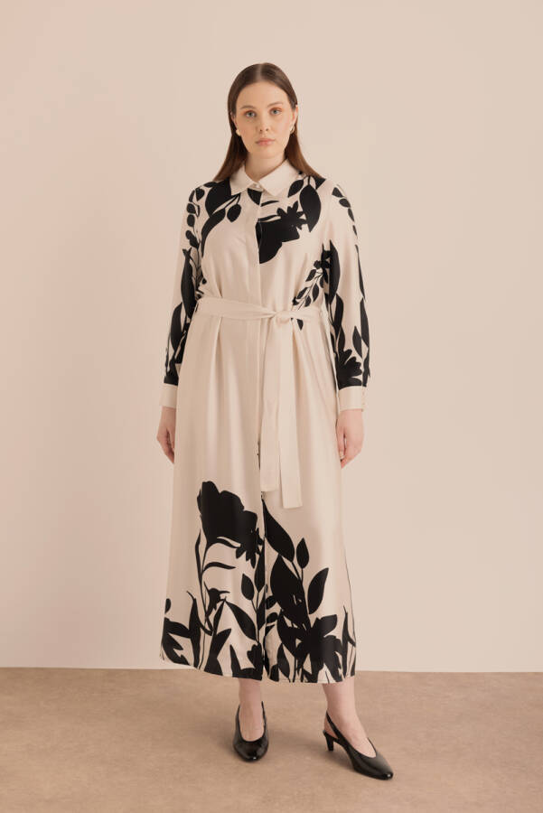 Ekru Desenli Gömlek Elbise - 4