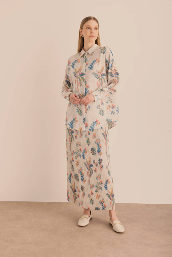 Ekru Desenli Piliseli Astarlı Etek - Aker