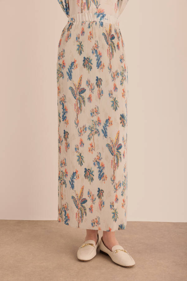 Ekru Desenli Piliseli Astarlı Etek - Aker (1)