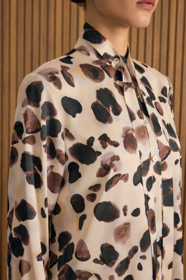 Ekru Desenli Yakası Bağlama Bant Detaylı Tunik - 4