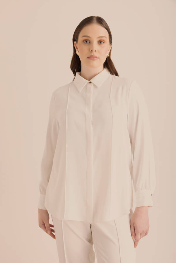 Ekru Detaylı Düğmeli Gömlek - 6