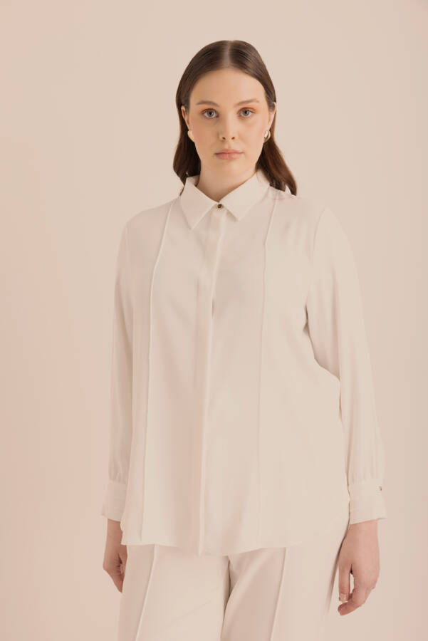 Ekru Detaylı Düğmeli Gömlek - 4