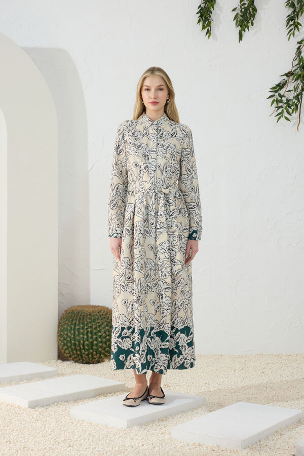 Ekru Eteği Sulu Desenli Elbise - 3