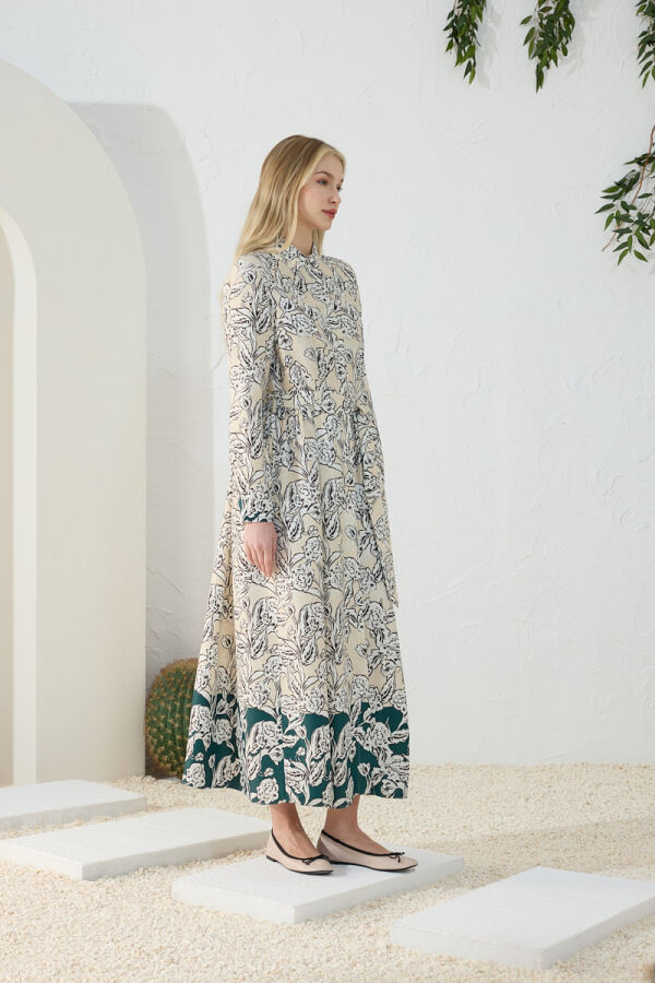 Ekru Eteği Sulu Desenli Elbise - 4