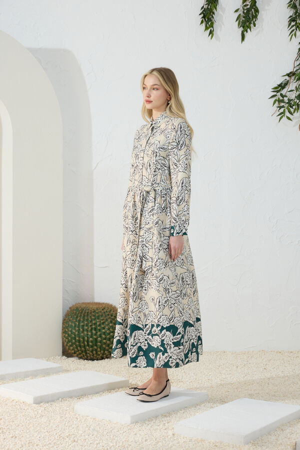 Ekru Eteği Sulu Desenli Elbise - 5