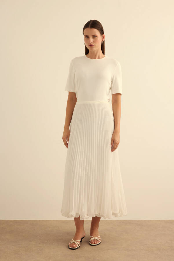 Ekru Etek Ucu Misinalı Pliseli Etek - 1