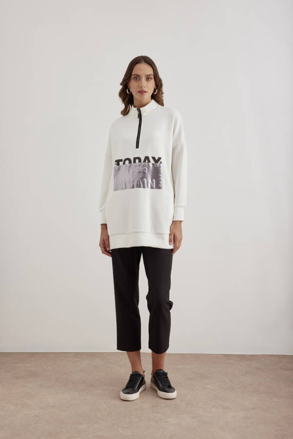 Ekru Fermuarlı Baskılı Bluz - Aker (1)