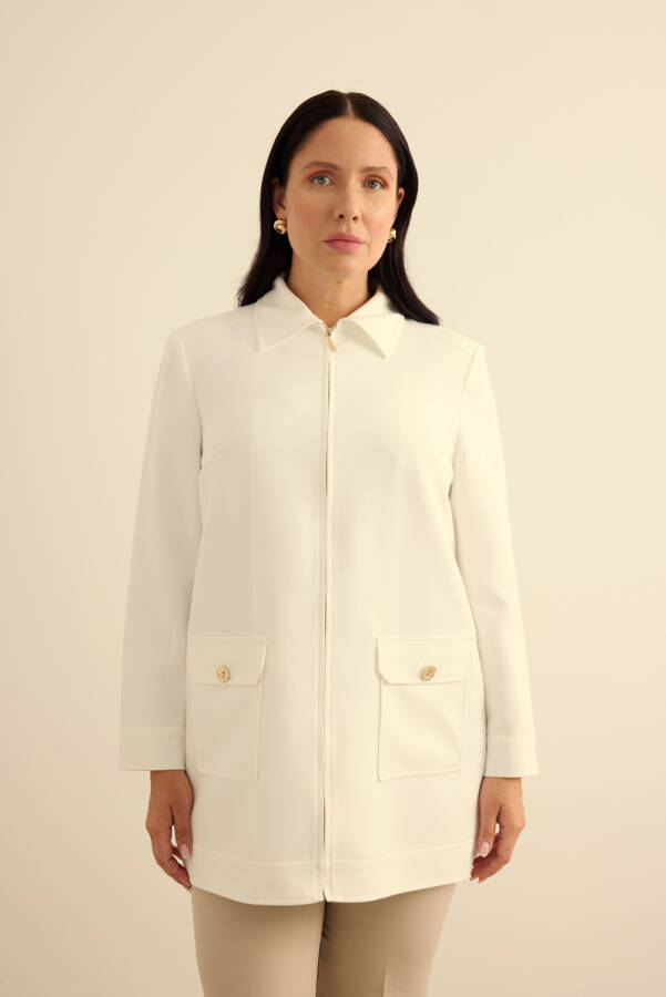 Ekru Fermuarlı , Cepli Dokuma Kap - Aker (1)