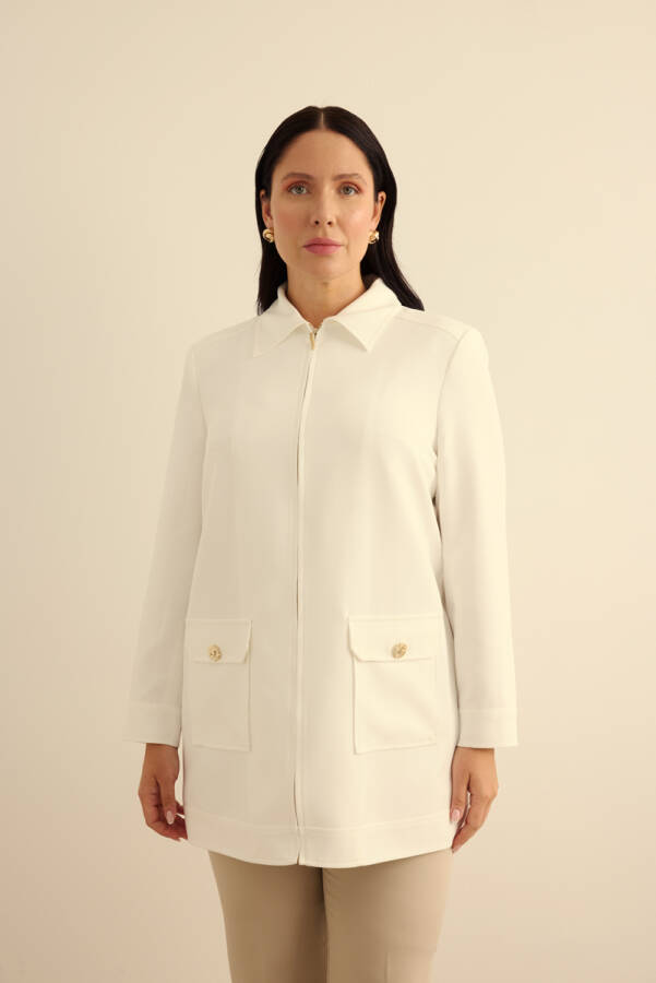 Ekru Fermuarlı , Cepli Dokuma Kap - 5