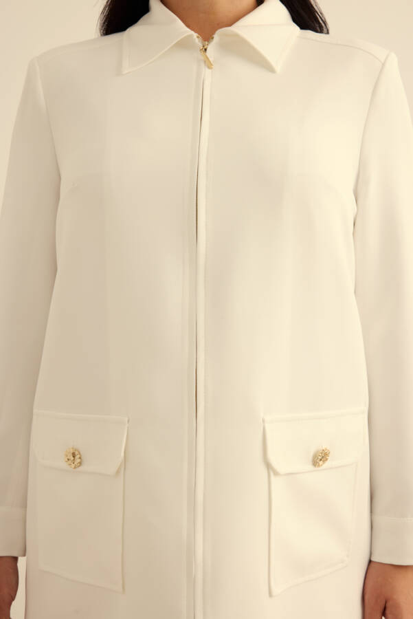 Ekru Fermuarlı , Cepli Dokuma Kap - 6