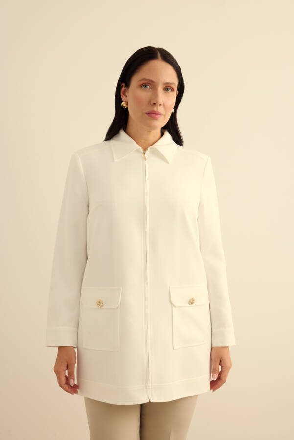 Ekru Fermuarlı , Cepli Dokuma Kap - Aker (1)