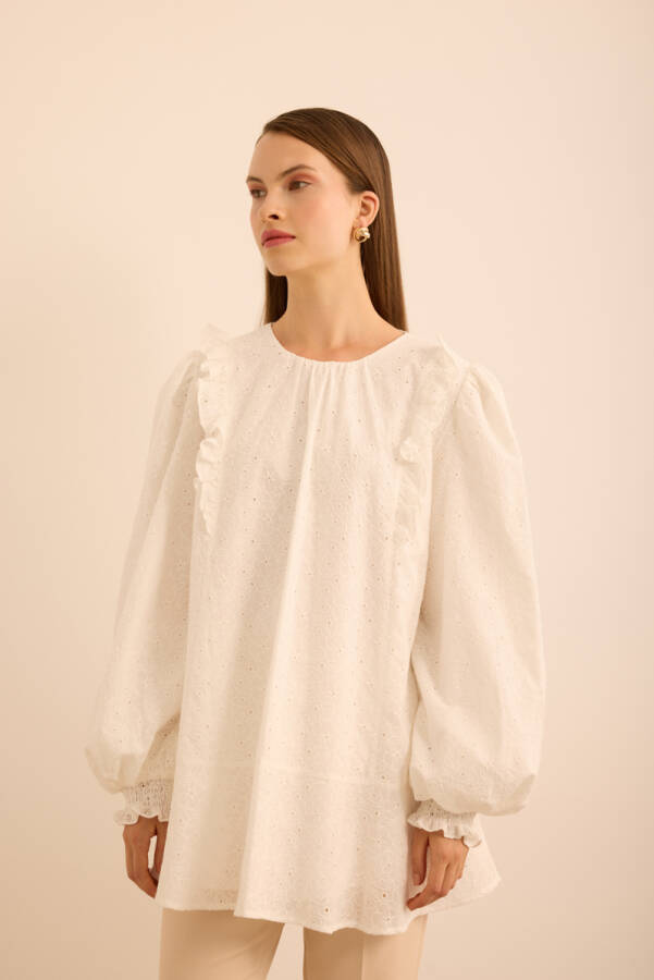 Ekru Fırfır ve Volan Detaylı Cotton Brode Tunik - 4