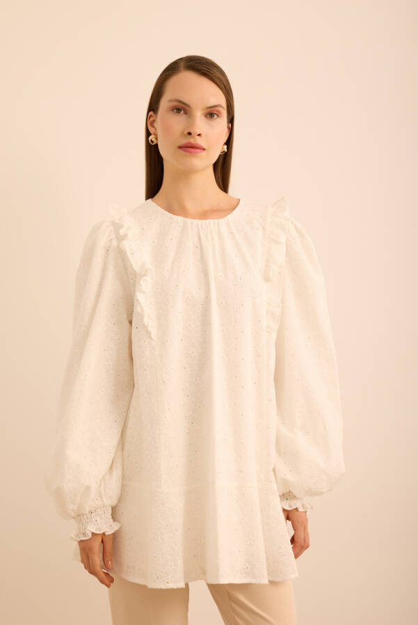 Ekru Fırfır ve Volan Detaylı Cotton Brode Tunik - Aker