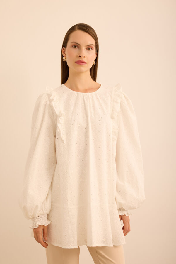 Ekru Fırfır ve Volan Detaylı Cotton Brode Tunik - Aker