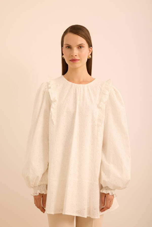 Ekru Fırfır ve Volan Detaylı Cotton Brode Tunik - 2